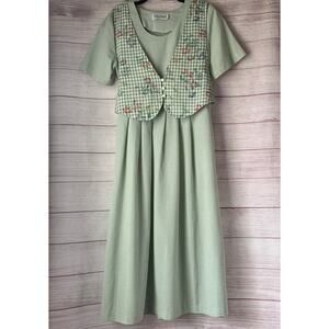 Vintage Miss Dorby Maxi Dress Green and White Gingham with Floral Attached Vest